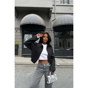 Veste matelassée tissée automne/hiver avec fermeture éclair, col à revers, logo personnalisé, en cuir PU, tissu suédé, élasthanne, manteau court en polyester et coton - Product Image 1