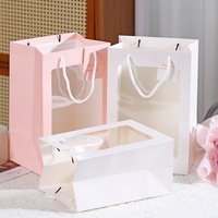 Sac cadeau en papier avec fenêtre transparente, sac fourre-tout personnalisé, poignée en ruban de soie imprimé, emballage de fleurs de mariage, vente en gros, carton blanc