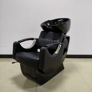 Modern All Black Salon Shampoo Chair with Glossy Ceramic Bowl Adjustable <b>Footrest</b> Chrome Fixtures Spa Hair Wash Station - Product Image 3