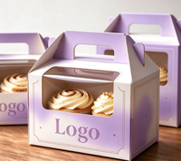 Boîte à cupcakes personnalisée biodégradable avec poignée dégradée violette, fenêtre transparente, emballage de luxe en papier pour muffins et gâteaux