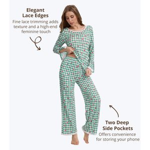 Custom Private Label Full Prints Womens Pajama Sets Long Sleeve Lace <b>Trim</b> Bamboo Sleepwear For Women Loungewear Clothing Vietnam - Product Image 3
