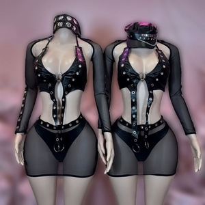 Set Reggiseno Sexy Stile Punk con Borchie, Costume da Festa per Club e Rave, Lingerie Erotica con Gonna Avvolgente, Set 4 Pezzi per Donne Sexy - Product Image 1