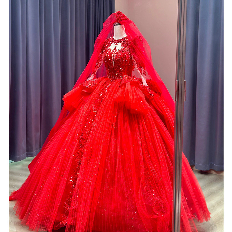 Red Wedding Dress - Long Tail Elegant Design 2025