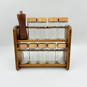 Solid Rubberwood <b>Spice</b> <b>Rack</b> With 9 Glass <b>Jars</b> And Pepper Mill Standing Type Kitchen Storage Organizer Durable Rectangle Design - Product Image 1