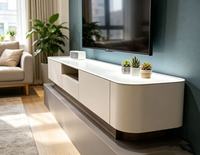 Meuble TV moderne minimaliste en bois massif durable avec étagère de rangement, poignée de traction, support au sol, multifonctionnel pour téléviseurs 65+ pouces, blanc, pour la maison