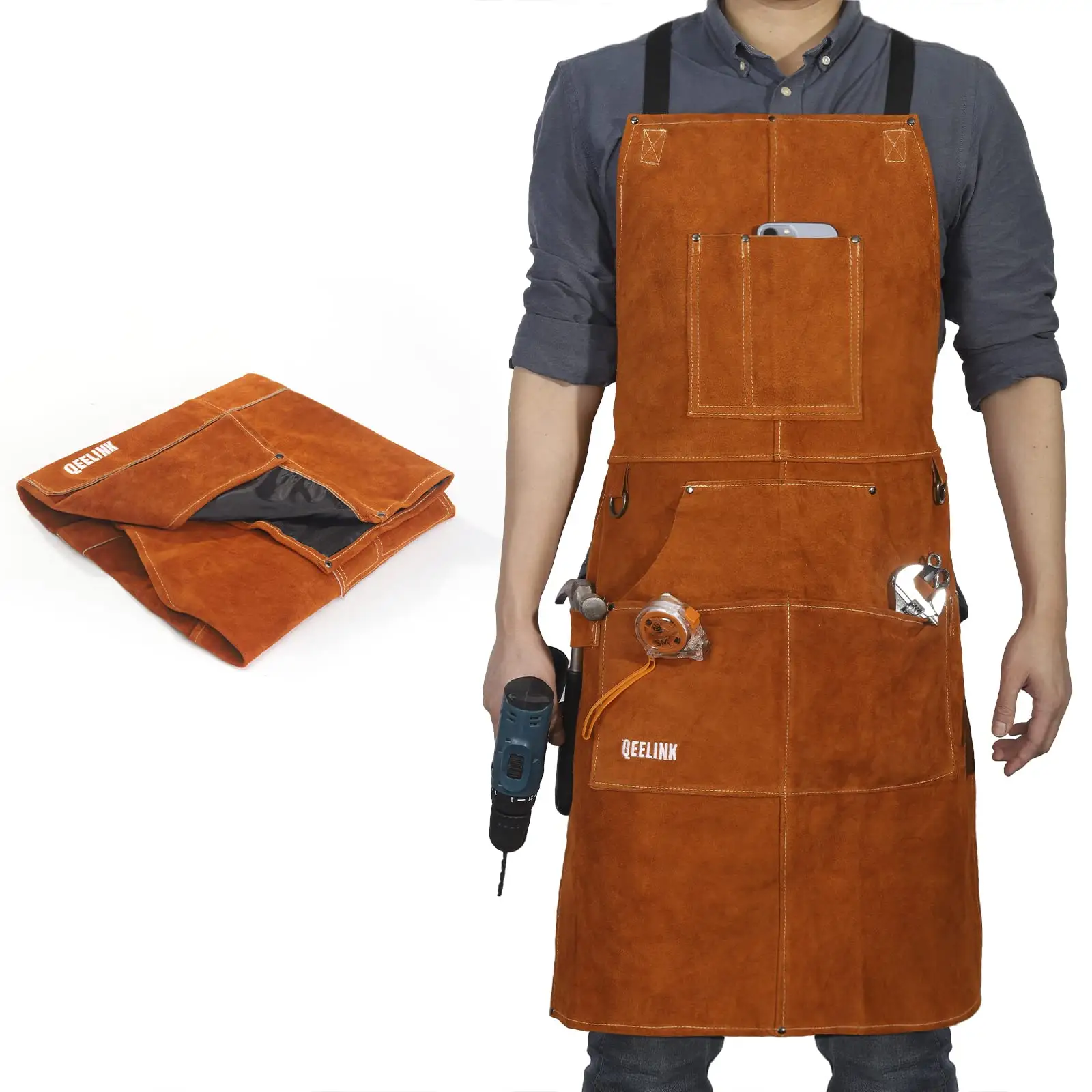 Leather Welding Work Apron with 6 Tool Pockets, Heat & Flame Resistant Apron, 24" x 36", Adjustable M to XXXL