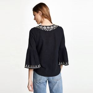 Damen <span class=keywords><strong>Plus</strong></span> <span class=keywords><strong>Size</strong></span> Casual <span class=keywords><strong>Black</strong></span> Bluse Tops V-Ausschnitt 3/4 Ärmel Vintage bestickt Solid Pattern für die Herbstsaison - Product Image 3