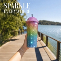 Gobelet isotherme rose grande capacité avec strass, double paroi sous vide, en plastique, avec paille