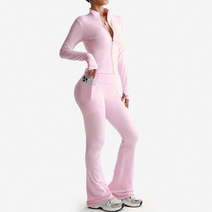 <b>Top</b> Selling Polyester Spandex Sweat Wicking Women's Vintage Stand Collar <b>Zip</b>-<b>Up</b> Flared Pants and Jacket Set for All Seasons - Product Image 1