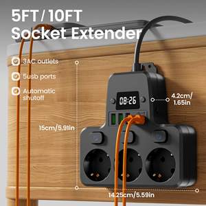 Enchufe Múltiple Europeo 9 en 1 con Reloj, 3 Tomas de CA, 5 Puertos USB, Cable Corto/Largo, Extensor de Enchufe con Protección Contra Sobrecargas - Product Image 2