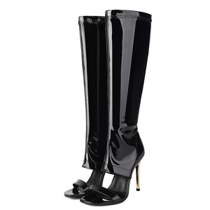 Summer Open Toe Single Band Knee High Boots Women's Patent Sandals Shoes High Heels Big Size 46 Back Zipper Long <b>Booties</b> - Product Image 3