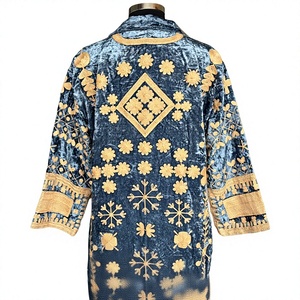 Royal Blue Velvet Embroidered <b>Long</b> Jacket with Floral Design Breathable <b>Summer</b> Autumn <b>Coat</b> - Product Image 3