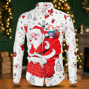 Camisa Casual de Manga Larga para Hombre con Estampado Navideño de Santa Claus, Cuello Camisero, Diseño de Dibujos Animados, Estilo Invernal - Product Image 3