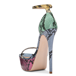 Sandales à talons aiguilles <span class=keywords><strong>plateforme</strong></span> imprimé serpent multicolores pour femmes, avec bride cheville motif python, talon ultra haut, vente en gros OEM - Product Image 3