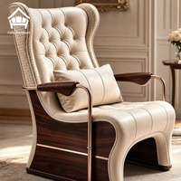 Ensemble de fauteuils de salon de luxe en cuir véritable, sièges de détente rembourrés, mobilier en bois pour projets hôteliers et villas