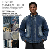 Veste cargo en jean délavé vintage à col montant, épaules tombantes, coupe oversize, fermeture éclair, boutons pression bronze, style streetwear décontracté, vente en gros