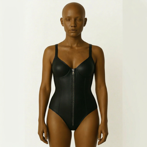 Women's Black Faux <b>Leather</b> One Piece <b>Bodysuit</b> with Front Zipper Underwire Support Sexy Lingerie Full Cup Design - Product Image 1