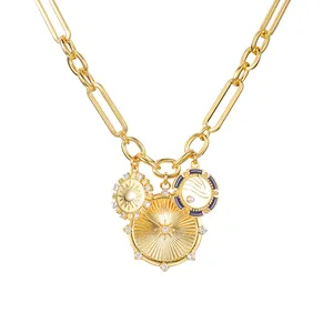 Vintage zircon pearl sunflower round pendants necklaces 18k gold plated necklace women girls daily medieval jewelry accessories