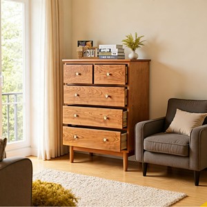Oborozuki Five Drawer <b>Chest</b> Cherry Wood Modern Minimalist <b>Storage</b> Cabinet For Bedroom Living Room - Product Image 2