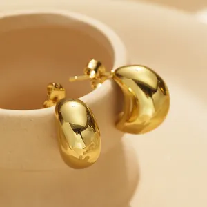 XIXI Luxury Trendy High Quality 18k Gold Plated Glossy C Shape Women Chunky Hollow Stainless Steel Fashion Jewelry Earrings