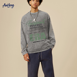 260G Heavyweight Cotton Long Sleeve T-Shirt <b>Men</b> Vintage Washed Graphic Print Loose Streetwear Tee Custom OEM Supplier Top - Product Image 1