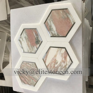 六角形ピンクレッド大理石モザイクタイル10mm厚パーケット装飾、インテリア壁装飾、ホテル、グラフィックデザイン用 - Product Image 4