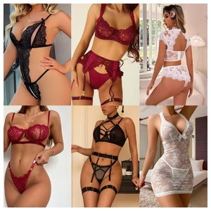 Wholesale Price Sexy Lace <b>Lingerie</b> <b>Set</b> Women Underwire Bra Thong <b>Garter</b> Straps Sheer Hollow Bodysuit Floral Pattern Red <b>Black</b> - Product Image 2