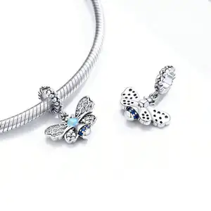 Vente en gros DIY Bracelet en argent sterling 925 brillant avec zircon bleu pendentif animal à breloque abeille