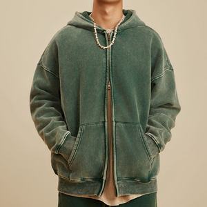 เสื้อแจ็คเก็ตแบบมีซิป สไตล์วินเทจ ล้างสีแบบเฟรนช์เทอร์รี่ เสื้อฮู้ดครอปแบบย้อมสีเอซิด ไม่มีลาย - Product Image 4