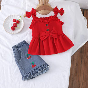 I vestiti per bambini indossano <span class=keywords><strong>pantaloncini</strong></span> con volant in Denim rosso senza maniche 2 pezzi set di abbigliamento per neonata - Product Image 4