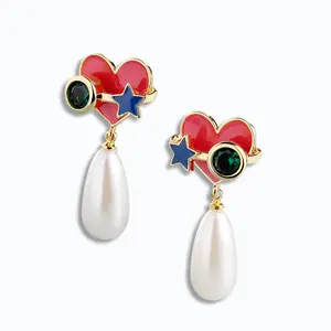 KYED0895 Exquisite Fashion Jewelry Handmade Enamel Heart Shape Pearl Earrings Jewelry For Women