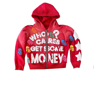 Felpa con Cappuccio Personalizzata 500gsm Streetwear Oversize con Zip e Strass OEM Lavaggio Acido Vintage Pesante con Stampa in Rilievo per Uomo - Product Image 1