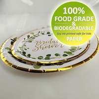 Assiette jetable écologique 7 ''9'' plaque de fête imprimée bord de timbre d'or à feuilles minces vertes en papier
