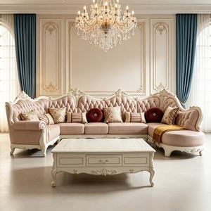 Divano Sezionale in Legno Massello Intagliato Stile Europeo di Lusso, Divano a L in Pelle per Soggiorno di Villa, Hall di Hotel, Arredamento <span class=keywords><strong>Casa</strong></span> - Product Image 4