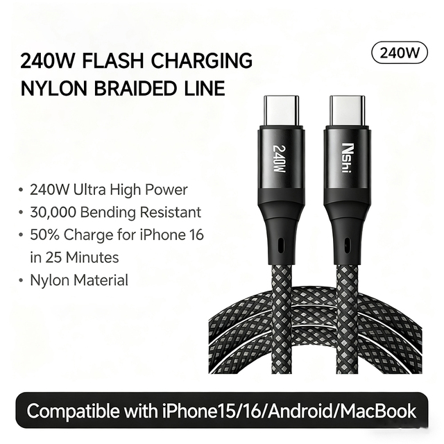Braided Type-C to Type-C Cable 240W 5A Fast Charging High Speed Data Transfer Pure Copper Charging Cable for All Type-C Devices