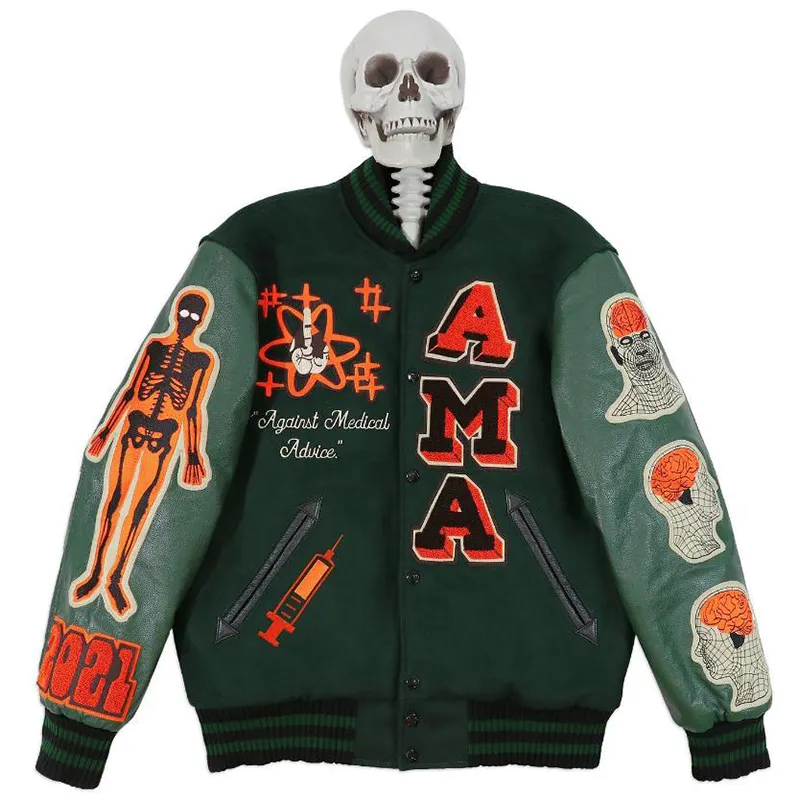 DiZNEW Custom Letterman Varsity Jackets men's Leatherman Jackets Chenille skull Embroidery Color Block Winter Baseball Jackets