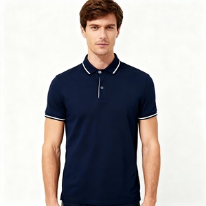 <span class=keywords><strong>Polo</strong></span> a maniche corte da uomo blu navy con colletto e polsini a contrasto, chiusura a due bottoni, maglia casual da golf. - Product Image 2