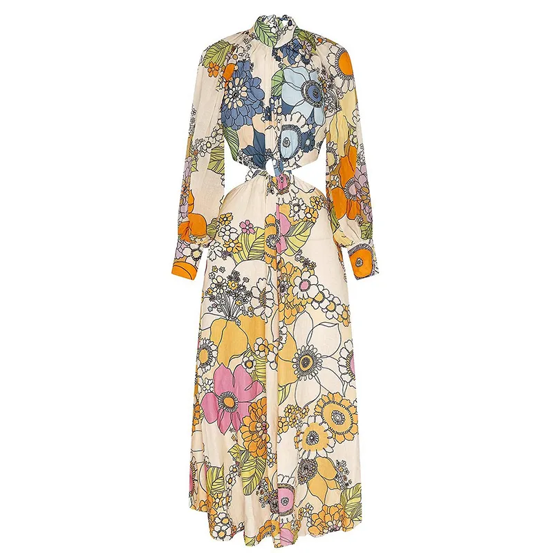 2023 Elegant Summer Dresses Luxury Custom Print Casual Floral Flower Long Sleeve Linen Dresses For Women