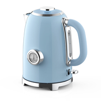 Bouilloire électrique sans fil vintage bleu clair 1,7 L en acier inoxydable avec élément chauffant dissimulé et niveau d'eau transparent, idéale pour l'hôtellerie