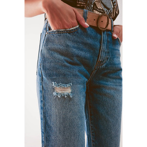 Jean taille haute avec fente sur la cuisse en bleu moyen - Product Image 1