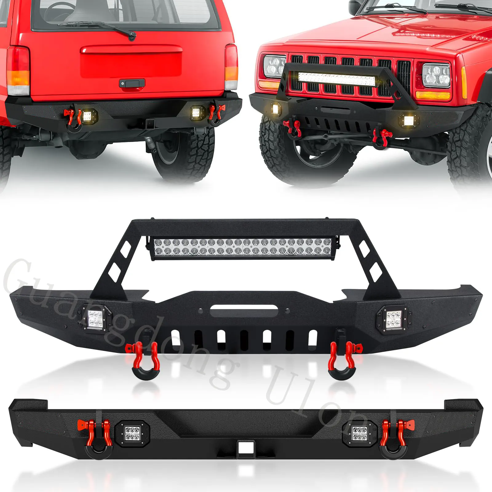 Front & Rear Bumper Accessories Fit 1984-2001 Jeep Cherokee XJ (2/4 Doors) Off-road Bumpers , 2" Hitch Receiver & D-rings, Black
