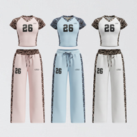 Ensemble de survêtement 2 pièces pour femme, imprimé léopard, color block, avec haut court à col en V et manches raglan, et pantalon large à cordon de serrage, personnalisable avec logo