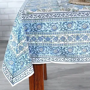 Espárragos Green Air Force Blue Dye Base Bloque de mano indio Impreso Mantel de algodón Cubierta de mesa floral Juego de lino