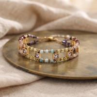 Bracelet tendance fait main en perles de pierres naturelles colorées, double couche, avec breloque en zircon cubique violet, style bohème, multicolore
