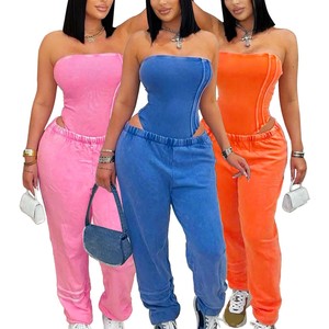 FS16919D Women Summer Two Pieces Sweatpants Set With <strong>Strapless</strong> Tube <strong>Bodysuits</strong> - Product Image 1