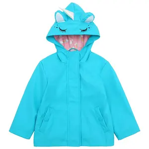 Cute Design Custom Made Waterproof Jacket PU Kids Rain Coat with 100% Cotton Jersey Lined Allover Printing