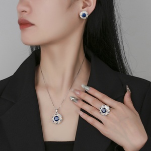 Fashion Eco-friendly Copper 10-8MM Blue Cubic Zirconia Temperament Pendant Necklace and <b>Earring</b> Set for Women - Product Image 6