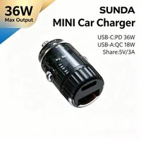 Chargeur de voiture mini SUNDA à charge rapide 1A1C PD 36W avec anneau de traction, adaptateur allume-cigare ignifuge, chargeur pour voiture (sortie d'usine)