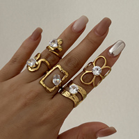 CUMAI Edelstahl Vergoldeter Zirkon-Ring Herz Geometrische Blume Welle Hohl Rechteckig Damen Verstellbarer Fingerschmuck