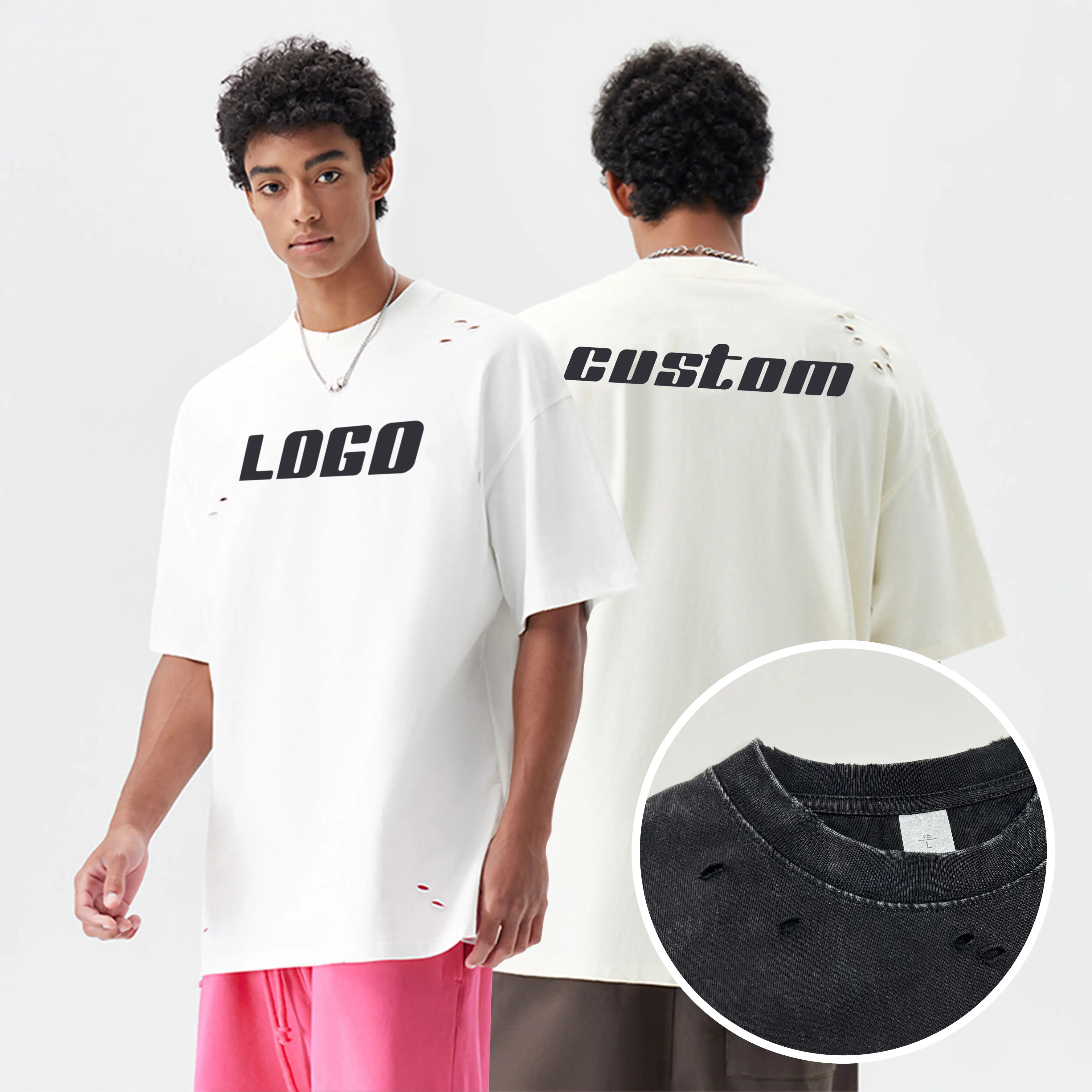 Camiseta de algodão vintage lavada para homens, fabricante pesado de camisetas streetwear de grandes dimensões 300 g/m2